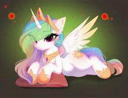 Size: 4096x3133 | Tagged: safe, artist:empress-twilight, ponerpics import, princess celestia, pony, abstract background, female, hooves, image, jpeg, looking at you, lying down, mare, pillow