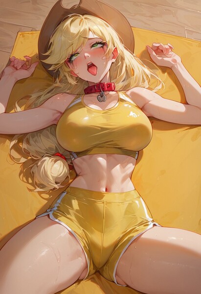 Size: 832x1216 | Tagged: suggestive, ai content, derpibooru import, generator:civitai, machine learning generated, prompter:doublerainbow, stable diffusion, applejack, human, g4, ahegao, applejack's hat, belly, belly button, big breasts, breasts, clothes, collar, cowboy hat, female, generator:pony diffusion v6 xl, hat, image, jpeg, lying, lying down, makeup, on back, open mouth, running makeup, shorts, slave collar, solo, solo female, sports, sports bra, sports shorts, stupid sexy applejack, tongue out