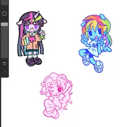 Size: 1203x1209 | Tagged: safe, artist:melpsmelps, derpibooru import, pinkie pie, rainbow dash, sci-twi, twilight sparkle, anthro, female, image, jpeg, sketch, trio, trio female, wip