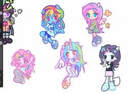 Size: 1377x1007 | Tagged: safe, artist:melpsmelps, derpibooru import, fluttershy, pinkie pie, princess celestia, rainbow dash, rarity, twilight sparkle, alicorn, anthro, pegasus, unicorn, female, group, horn, image, jpeg, procreate app, simple background, white background, wip