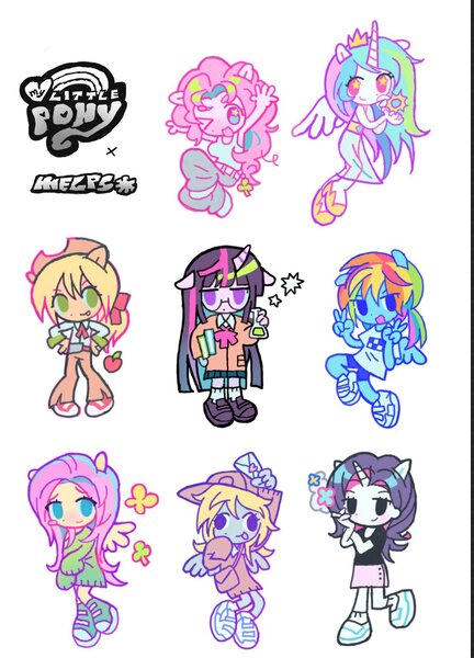 Size: 1150x1597 | Tagged: safe, artist:melpsmelps, derpibooru import, applejack, derpy hooves, fluttershy, pinkie pie, princess celestia, rainbow dash, rarity, twilight sparkle, alicorn, anthro, earth pony, pegasus, unicorn, g4, clothes, group, horn, image, jpeg, logo, mane six, simple background, white background