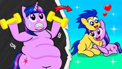 Size: 1280x720 | Tagged: suggestive, artist:pa animation, derpibooru import, flash sentry, twilight sparkle, pony, duo, fat, female, flashlight, image, jpeg, male, shipping, straight, wat, weight lifting, weights, weird youtube kids video, youtube thumbnail