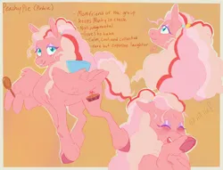 Size: 1700x1300 | Tagged: safe, artist:abbytabbys, derpibooru import, part of a set, pinkie pie, oc, oc:peachy pie (abbytabbys), pegasus, pony, g4, alternate design, alternate hairstyle, alternate mane color, alternate name, alternate tail color, alternate universe, blonde mane, blonde tail, blue eyes, blush lines, blushing, border, bowl, brown text, colored eyebrows, colored eyelashes, colored hooves, colored pupils, curly mane, curly tail, derp, eyelashes, eyeshadow, female, female oc, floating heart, floppy ears, folded wings, hair tie, heart, hoof heart, hooves, image, implied minty, jpeg, laughing, lidded eyes, life's an adventure au, long mane, long tail, looking back, looking up, makeup, mare, mare oc, mixing bowl, multicolored mane, multicolored tail, multiple angles, one wing out, open mouth, open smile, orange background, outline, passepartout, pegasus oc, pegasus pinkie pie, pink coat, pink hooves, ponytail, profile, purple eyelashes, purple eyeshadow, race swap, raised leg, reference sheet, simple background, smiling, solo, sparkles, spoon, tail, teal pupils, three quarter view, tied mane, triality, underhoof, unshorn fetlocks, wall of tags, wing fluff, wing hold, wings, wooden spoon