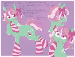 Size: 1700x1300 | Tagged: safe, artist:abbytabbys, derpibooru import, minty, minty (g4), oc, oc:peppermint (abbytabbys), earth pony, pony, g3, alternate design, alternate hairstyle, alternate mane color, alternate name, alternate tail color, alternate universe, bangs, border, bow, clothes, coat markings, colored eyelashes, colored pupils, cute, earth pony oc, eye clipping through hair, eyebrows, eyebrows visible through hair, eyelashes, facial markings, female, female oc, fluffy mane, green coat, hair accessory, hair bow, image, jpeg, life's an adventure au, looking at you, mane accessory, mare, mare oc, mint coat, mintybetes, multiple angles, nom, outline, passepartout, pink bow, pink eyelashes, pink eyes, pink mane, pink pupils, pink socks, pink tail, purple background, purple text, raised eyebrow, raised hoof, raised leg, reference sheet, short mane, simple background, smiling, smiling at you, socks, solo, spots, standing, standing on two hooves, striped socks, tail, tall ears, that pony sure does love socks, three quarter view, three toned mane, three toned tail, triality, wall of tags