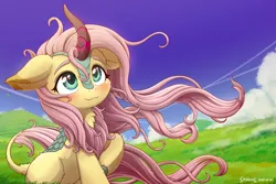 Size: 2400x1600 | Tagged: safe, artist:symbianl, derpibooru import, fluttershy, kirin, g4, blushing, cloud, cloven hooves, cute, female, grass, horn, image, kirin fluttershy, kirinified, leonine tail, outdoors, png, shyabetes, sky, smiling, solo, species swap, tail, unshorn fetlocks, wind, windswept mane