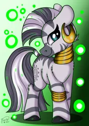 Size: 2894x4093 | Tagged: safe, artist:julunis14, derpibooru import, zecora, pony, zebra, g4, cute, ear piercing, earring, female, floppy ears, gradient background, green background, high res, image, jewelry, looking at you, magic, mare, neck rings, orb, piercing, png, signature, simple background, smiling, smiling at you, solo, tail, zecorable