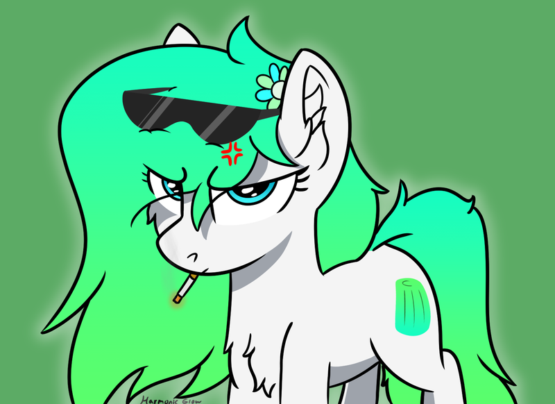 Size: 1527x1110 | Tagged: safe, artist:harmonicglow, derpibooru import, oc, oc:gumdrop, pony, annoyed, chest fluff, cigarette, female, flower, flower in hair, glasses, image, mare, png, smoking