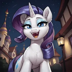 Size: 1024x1024 | Tagged: safe, ai content, derpibooru import, machine learning generated, prompter:thelight3d, stable diffusion, rarity, g4, canterlot, fangs, generator:pony diffusion v6 xl, image, jpeg, low angle, night, street lamp