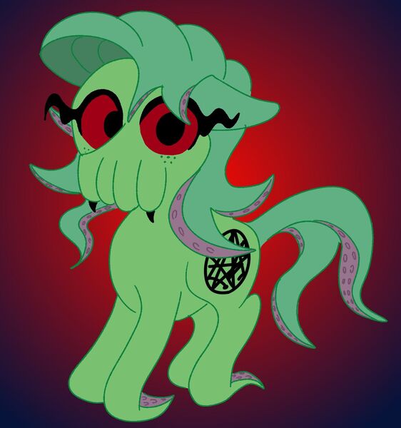 Size: 1297x1384 | Tagged: safe, artist:dhm, derpibooru import, oc, oc:cthony, pony, body horror, cthulhu, cute, eldritch abomination, fangs, freckles, image, jpeg, looking at you, lovecraft, red eyes, sigil, simple background, solo, tendrils, tentacles