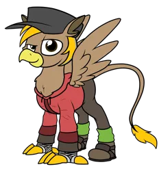 Size: 1542x1665 | Tagged: safe, artist:moonatik, derpibooru import, oc, oc:pad, gryphon, 2020 community collab, derpibooru community collaboration, boots, clothes, commission, griffon oc, hat, hoodie, image, png, scout (tf2), shoes, simple background, socks, team fortress 2, transparent background, wings