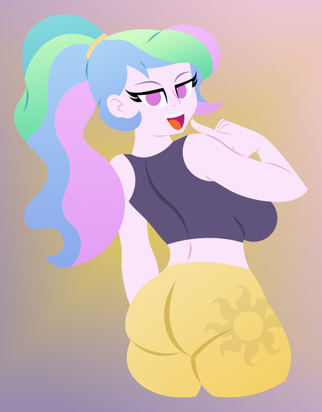 Size: 4339x5554 | Tagged: safe, artist:egor418, derpibooru import, princess celestia, human, equestria girls, g4, absurd resolution, alternate hairstyle, ass, breasts, busty princess celestia, butt, clothes, cutie mark, cutie mark on clothes, gradient background, humanized, image, lineless, looking at you, no pupils, open mouth, pants, png, ponytail, principal celestia, simple background, solo, sports bra, sports outfit, sports panties, sunbutt, yellow background, yoga pants