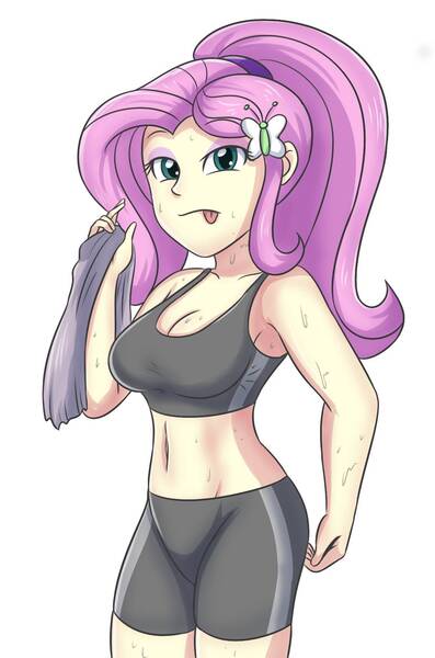 Size: 1158x1750 | Tagged: suggestive, artist:sumin6301, derpibooru import, fluttershy, butterfly, human, insect, equestria girls, g4, 2d, belly, belly button, breasts, busty fluttershy, cleavage, clothes, compression shorts, concave belly, eyeshadow, female, hairclip, image, jpeg, makeup, midriff, ponytail, simple background, solo, sports bra, sweat, tongue out, white background, workout outfit