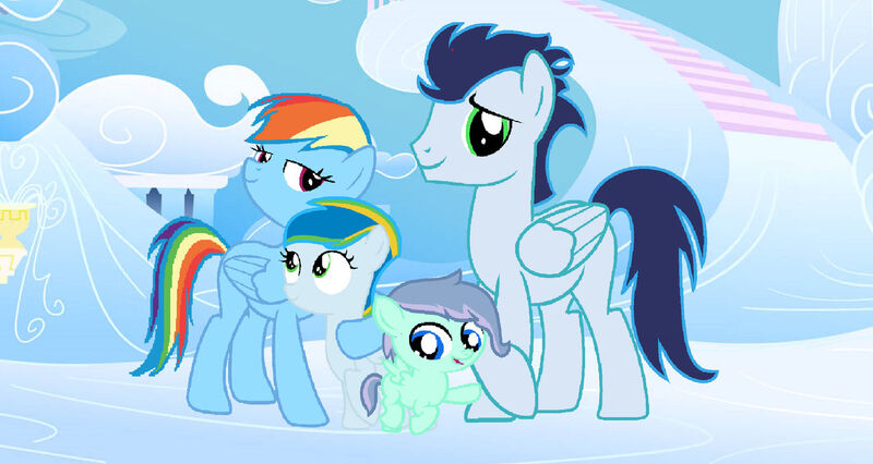 Size: 1280x681 | Tagged: safe, artist:nightmagicstar10, ponerpics import, ponybooru import, rainbow dash, soarin', pegasus, pony, colt, female, filly, foal, image, jpeg, male, mare, offspring, parent:rainbow dash, parent:soarin', parents:soarindash, shipping, soarindash, stallion, straight