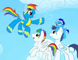 Size: 750x579 | Tagged: safe, artist:sweetchiomlp, ponerpics import, ponybooru import, rainbow dash, soarin', pegasus, pony, colt, female, filly, foal, image, jpeg, male, mare, offspring, parent:rainbow dash, parent:soarin', parents:soarindash, shipping, soarindash, stallion, straight