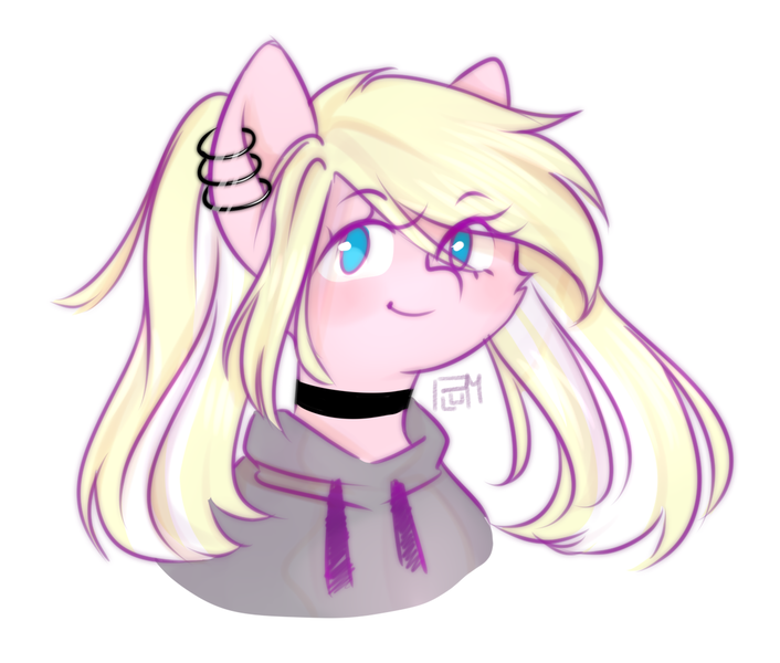 Size: 1199x1019 | Tagged: safe, artist:vieta, derpibooru import, oc, oc:leaenala, unofficial characters only, pegasus, pony, blonde hair, blue eyes, bust, choker, colored eyebrows, ear piercing, earring, eye clipping through hair, eyebrows, eyebrows visible through hair, eyelashes, female, fluffy hair, fluffy mane, hair ribbon, image, jewelry, long eyelashes, long hair, looking at you, mare, multicolored hair, multicolored mane, pegasus oc, piercing, pigtails, pink coat, png, portrait, raised eyebrows, ribbon, signature, smiling, solo, striped hair, striped mane, two toned hair, two toned mane, white hair, wings