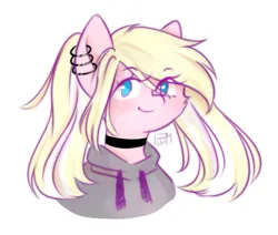 Size: 1199x1019 | Tagged: safe, artist:vieta, derpibooru import, oc, oc:leaenala, unofficial characters only, pegasus, pony, blonde hair, blue eyes, bust, choker, colored eyebrows, ear piercing, earring, eye clipping through hair, eyebrows, eyebrows visible through hair, eyelashes, female, fluffy hair, fluffy mane, hair ribbon, image, jewelry, long eyelashes, long hair, looking at you, mare, multicolored hair, multicolored mane, pegasus oc, piercing, pigtails, pink coat, png, portrait, raised eyebrows, ribbon, signature, smiling, solo, striped hair, striped mane, two toned hair, two toned mane, white hair, wings