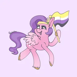 Size: 4400x4400 | Tagged: safe, artist:tkshoelace, derpibooru import, pipp petals, pegasus, pony, g5, ear fluff, eyelashes, eyeshadow, holding, image, makeup, nonbinary, nonbinary pride flag, png, pride, pride flag, purple background, simple background, solo, spread wings, unshorn fetlocks, wings