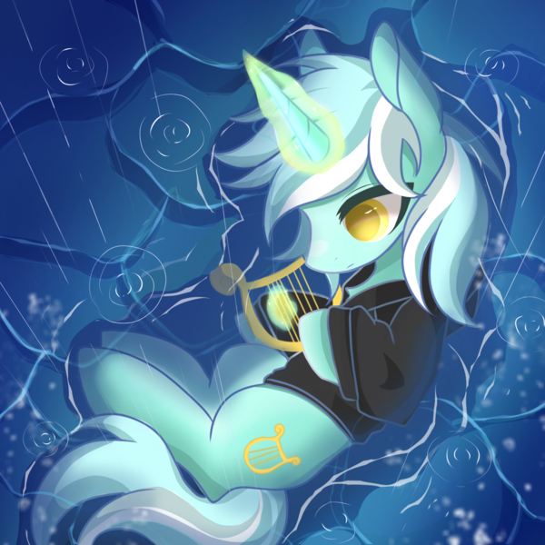 Size: 1240x1240 | Tagged: safe, artist:frostdew55252, derpibooru import, lyra heartstrings, pony, unicorn, fanfic:background pony, clothes, dig the swell hoodie, female, glow, glowing horn, hoodie, horn, image, lying down, lyre, mare, musical instrument, on floor, png, rain, side, solo, wet, wet floor