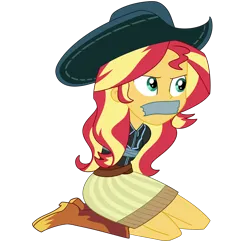 Size: 2500x2500 | Tagged: safe, artist:nie-martw-sie-o-mnie, derpibooru import, sunset shimmer, human, equestria girls, g4, bondage, boots, clothes, cowboy boots, cowboy hat, cowgirl, equestria girls specials, female, femsub, gag, hat, image, kneeling, my little pony equestria girls: dance magic, png, shoes, simple background, skirt, solo, submissive, subset, tape, tape bondage, tape gag, transparent background