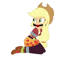 Size: 2000x2000 | Tagged: safe, artist:nie-martw-sie-o-mnie, derpibooru import, applejack, human, equestria girls, g4, applesub, ballgag, bondage, bound and gagged, clothes, cowboy hat, female, femsub, gag, hat, image, kneeling, leggings, my little pony equestria girls: friendship games, png, school spirit, simple background, solo, submissive, tape, tape bondage, transparent background