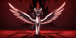 Size: 2400x1200 | Tagged: safe, ai content, derpibooru import, machine learning generated, prompter:greesys, king sombra, alicorn, pony, alicornified, female, glow, glowing horn, horn, image, mare, png, queen umbra, race swap, rule 63, solo, sombracorn, spread wings, wings