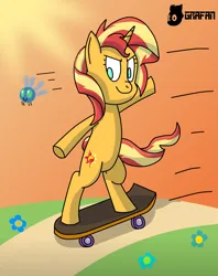 Size: 1611x2033 | Tagged: safe, artist:gradiusfanatic, derpibooru import, sunset shimmer, parasprite, pony, unicorn, female, horn, image, png, skate, spring