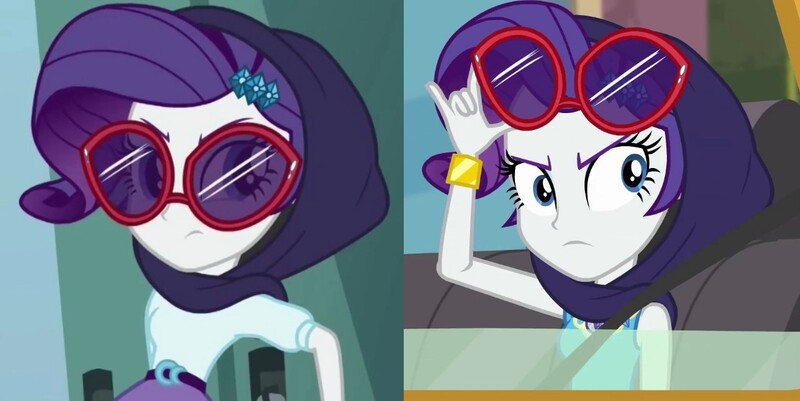 Size: 1280x642 | Tagged: safe, derpibooru import, screencap, rarity, human, equestria girls, fomo, g4, spoiler:eqg series (season 2), comparison, equestria girls specials, female, hood, image, jpeg, my little pony equestria girls: better together, my little pony equestria girls: dance magic, seatbelt, sunglasses, sunglasses on head