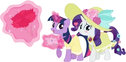 Size: 8000x3936 | Tagged: safe, artist:twilirity, derpibooru import, rarity, twilight sparkle, pony, absurd resolution, birthday dress, bouquet, bouquet of flowers, clothes, dress, female, flower, image, lesbian, letter, magic, png, ship:rarilight, shipping, simple background, transparent background, vector