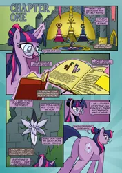 Size: 1920x2715 | Tagged: safe, artist:alexdti, artist:v-nico, derpibooru import, twilight sparkle, pony, comic:alicorn of magic, alternate cutie mark, alternate hairstyle, book, butt, flower, glasses, image, magic, plot, png, solo