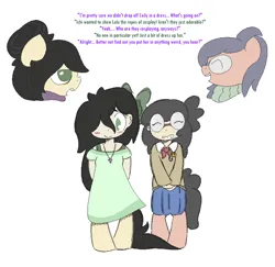 Size: 1754x1707 | Tagged: safe, artist:castafae, derpibooru import, oc, oc:floor bored, oc:taku, unofficial characters only, earth pony, pony, satyr, ascot, blushing, bow, braces, clothes, crossdressing, dialogue, dork, dress, female, glasses, grin, hair bow, hair bun, hair over one eye, image, jewelry, long tail, male, necklace, nervous, nervous grin, older, parent:oc:floor bored, parent:oc:taku, pin, png, ponytail, simple background, skirt, smiling, tail, white background