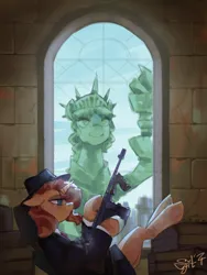 Size: 1500x2000 | Tagged: safe, artist:egil, derpibooru import, sunset shimmer, pony, unicorn, clothes, fedora, female, gun, hat, horn, image, mafia, manehattan, mare, png, sitting, solo, statue of liberty, suit, tommy gun, weapon, window