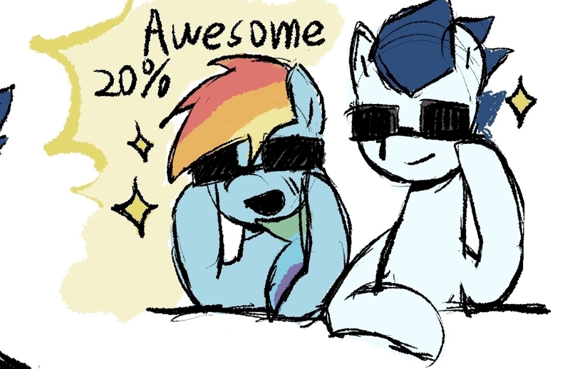 Size: 1227x795 | Tagged: safe, artist:yixiaobua, derpibooru import, rainbow dash, soarin', pegasus, pony, g4, :d, awesome, blue coat, duo, duo male and female, female, image, jpeg, male, open mouth, open smile, shipping, smiling, soarindash, straight, sunglasses, white coat