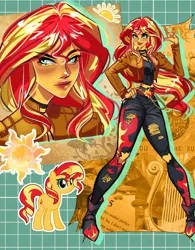 Size: 1406x1800 | Tagged: safe, artist:callimara, derpibooru import, sunset shimmer, unicorn, equestria girls, g4, boots, chains, clothes, collage, horn, image, jacket, jpeg, shoes, solo