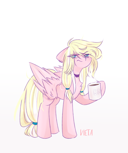 Size: 3000x3565 | Tagged: safe, artist:vieta, derpibooru import, oc, oc:leaenala, unofficial characters only, pegasus, pony, angry, blonde hair, blonde tail, blue eyes, choker, collar, cup, ear piercing, earring, eye clipping through hair, eyebrows visible through hair, eyelashes, feathered wings, female, fluffy hair, fluffy mane, fluffy tail, folded wings, full body, hair ribbon, image, jewelry, long eyelashes, long hair, looking sideways, mare, multicolored hair, multicolored mane, multicolored tail, pegasus oc, pegasus wings, piercing, pigtails, pink coat, png, ponytail, raised eyebrows, ribbon, side view, signature, simple background, sleepy, standing, striped hair, striped mane, striped tail, tail, transparent background, two toned hair, two toned mane, two toned tail, white hair, white tail, wings