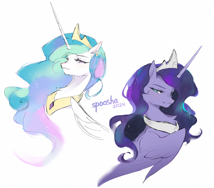 Size: 1350x1190 | Tagged: safe, artist:spoosha, derpibooru import, princess celestia, princess luna, alicorn, aurora borealis, image, jewelry, png, princess, regalia, smiling