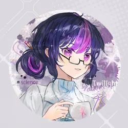 Size: 1000x1000 | Tagged: safe, artist:tang403339, derpibooru import, sci-twi, twilight sparkle, human, bust, cup, glasses, gray background, hairpin, humanized, image, png, portrait, simple background, solo, sparkles, text