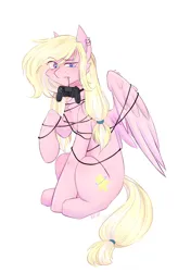 Size: 936x1426 | Tagged: safe, artist:vieta, derpibooru import, oc, oc:leaenala, unofficial characters only, pegasus, pony, blonde hair, blonde tail, blue eyes, choker, collar, controller, ear piercing, earring, eye clipping through hair, eyebrows, eyebrows visible through hair, eyelashes, feathered wings, female, fluffy hair, fluffy mane, fluffy tail, folded wings, full body, hair ribbon, image, jewelry, long eyelashes, long hair, looking at you, mare, multicolored hair, multicolored mane, multicolored tail, pegasus oc, pegasus wings, piercing, pigtails, pink coat, png, ponytail, raised eyebrow, raised eyebrows, ribbon, side view, signature, simple background, sitting, striped hair, striped mane, striped tail, tail, tangled up, transparent background, two toned hair, two toned mane, two toned tail, white hair, white tail, wings, wires