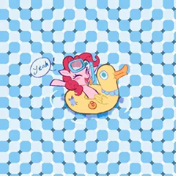 Size: 1500x1500 | Tagged: safe, artist:nainaier007, derpibooru import, pinkie pie, earth pony, pony, chibi, dive mask, eyes closed, female, floaty, goggles, image, jpeg, mare, modern art, optical illusion, patterned background, pool toy, raised hoof, raised hooves, solo, speech bubble, text