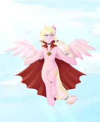 Size: 2957x3600 | Tagged: safe, artist:vieta, derpibooru import, fluttershy, oc, oc:leaenala, unofficial characters only, anthro, pegasus, unguligrade anthro, alternate hairstyle, arm hooves, blonde hair, blonde tail, blue eyes, choker, cloak, clothes, cloud, collar, ear piercing, earring, eye clipping through hair, eyebrows, eyebrows visible through hair, eyelashes, feathered wings, female, fluffy hair, fluffy mane, fluffy tail, flying, full body, hair ribbon, image, jewelry, long eyelashes, long hair, looking at you, marvel, multicolored hair, multicolored mane, multicolored tail, pegasus oc, pegasus wings, piercing, pigtails, pink coat, png, ponytail, pose, raised eyebrows, ribbon, signature, simple background, sky, solo, spread wings, strict, striped hair, striped mane, striped tail, sunshine, tail, two toned hair, two toned mane, two toned tail, white hair, white tail, wings