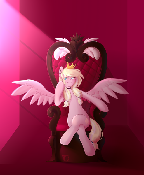 Size: 2957x3600 | Tagged: safe, artist:vieta, derpibooru import, oc, oc:leaenala, unofficial characters only, pegasus, pony, blonde hair, blonde tail, blue eyes, choker, collar, crossed legs, crown, ear piercing, earring, eye clipping through hair, eyebrows, eyebrows visible through hair, eyelashes, feathered wings, female, fluffy hair, fluffy mane, fluffy tail, full body, hair ribbon, image, jewelry, long eyelashes, long hair, looking at you, mare, multicolored hair, multicolored mane, multicolored tail, pegasus oc, pegasus wings, piercing, pigtails, pink coat, png, ponytail, pose, raised eyebrows, regalia, ribbon, signature, simple background, smiling, smirk, solo, spread wings, striped hair, striped mane, striped tail, tail, throne, two toned hair, two toned mane, two toned tail, white hair, white tail, wings