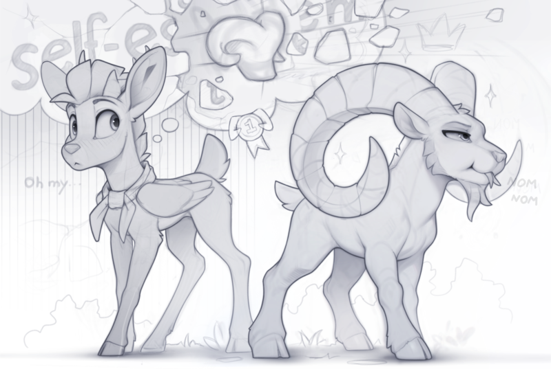 Size: 2400x1610 | Tagged: safe, artist:yakovlev-vad, derpibooru import, oc, oc:arny, deer, deer pony, original species, peryton, sheep, barely pony related, big ears, concave belly, duo, eating, eyebrows, folded wings, herbivore, horns, image, lacrimal caruncle, male, muscles, neckerchief, peryton oc, physique difference, png, quadrupedal, ram, shading, sketch, slender, sternocleidomastoid, thin, warcraft, wings, world of warcraft