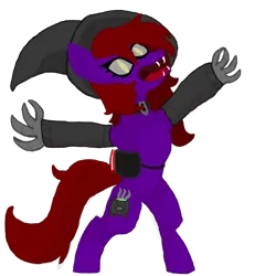 Size: 1280x1280 | Tagged: safe, artist:silverfishv9, derpibooru import, oc, oc:cackle crane (solredrose), unofficial characters only, demon, demon pony, earth pony, original species, pony, arm warmers, bag, bipedal, book, claws, clothes, collar, dark sclera, earth pony oc, fangs, hat, image, png, purple coat, red mane, saddle bag, solo, standing on two hooves, witch, witch hat