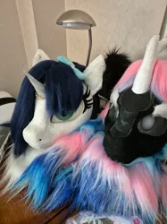 Size: 1247x1663 | Tagged: safe, derpibooru import, oc, oc:light, oc:noir, kirin, nirik, unicorn, duo, fursuit head, horn, image, indoors, irl, jpeg, photo, ponysuit