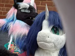 Size: 1280x960 | Tagged: safe, derpibooru import, oc, oc:light, oc:noir, kirin, nirik, unicorn, brick wall, duo, fursuit head, horn, image, indoors, irl, jpeg, photo, ponysuit, selfie