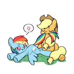 Size: 1000x1000 | Tagged: safe, artist:candywang12648, derpibooru import, applejack, rainbow dash, earth pony, pegasus, pony, appledash, biting, cute, dashabetes, duo, duo female, eyes closed, female, grass, grumpy, image, jackabetes, lesbian, lying down, mare, png, prone, shipping, simple background, tail, tail bite, white background