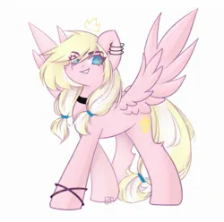 Size: 2179x2160 | Tagged: safe, artist:vieta, derpibooru import, oc, oc:leaenala, unofficial characters only, pegasus, pony, blonde hair, blonde tail, blue eyes, bracelet, choker, clothes, collar, crossed legs, crown, ear piercing, earring, eye clipping through hair, eyelashes, feathered wings, female, fluffy hair, fluffy mane, fluffy tail, footless stockings, full body, hair ribbon, image, jewelry, jpeg, long hair, looking at you, mare, multicolored hair, multicolored mane, multicolored tail, pegasus oc, pegasus wings, piercing, pigtails, pink coat, ponytail, regalia, ribbon, signature, simple background, smiling, smiling at you, smirk, socks, solo, spread wings, standing, striped hair, striped mane, striped tail, tail, two toned hair, two toned mane, two toned tail, white background, white hair, white tail, wings