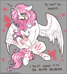 Size: 593x655 | Tagged: semi-grimdark, artist:expectationemesis, derpibooru import, princess celestia, alicorn, pony, g4, blood, blood splatter, crying, cut, derpibooru exclusive, female, floppy ears, gray background, hoof heart, image, mare, pink-mane celestia, png, raised hoof, sad, self harm, simple background, sitting, solo, spread wings, stuttering, underhoof, wings