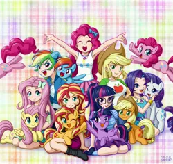 Size: 4699x4430 | Tagged: safe, artist:uotapo, color edit, derpibooru import, edit, editor:overlord 2, applejack, fluttershy, pinkie pie, rainbow dash, rarity, sci-twi, sunset shimmer, twilight sparkle, earth pony, human, pegasus, unicorn, equestria girls, g4, colored, horn, image, jpeg, light skin, skin color edit