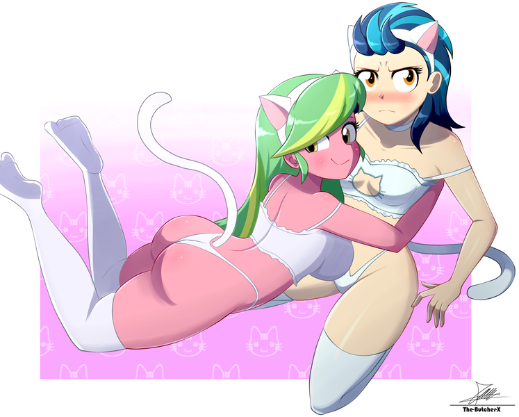 Size: 2534x2034 | Tagged: suggestive, artist:the-butch-x, derpibooru import, indigo zap, lemon zest, cat, human, equestria girls, g4, blushing, breasts, butt, cat lingerie, catgirl, clothes, commission, couple, cute, female, hug, image, implied shipping, lemonzap, lesbian, lingerie, panties, png, shipping, signature, thong, underwear, zapabetes, zestabetes, zestybutt