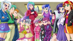 Size: 1245x700 | Tagged: safe, artist:uotapo, color edit, derpibooru import, edit, editor:overlord 2, apple bloom, diamond tiara, princess celestia, princess luna, rarity, scootaloo, silver spoon, sweetie belle, trixie, human, equestria girls, g4, canterlot high, clothes, colored, cute, cutie mark crusaders, image, jpeg, megaphone, show stopper outfits, skin color edit